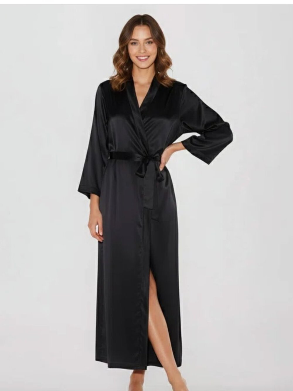 SIORO Black Satin Long Robe Kimono Sleeve L